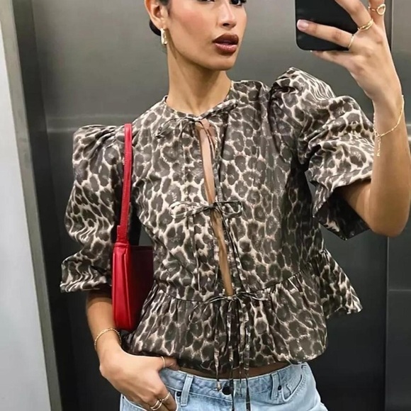 ASOS tie front bows cheetah animal print blouse ruffle sleeve ganni babydoll top - Picture 1 of 11